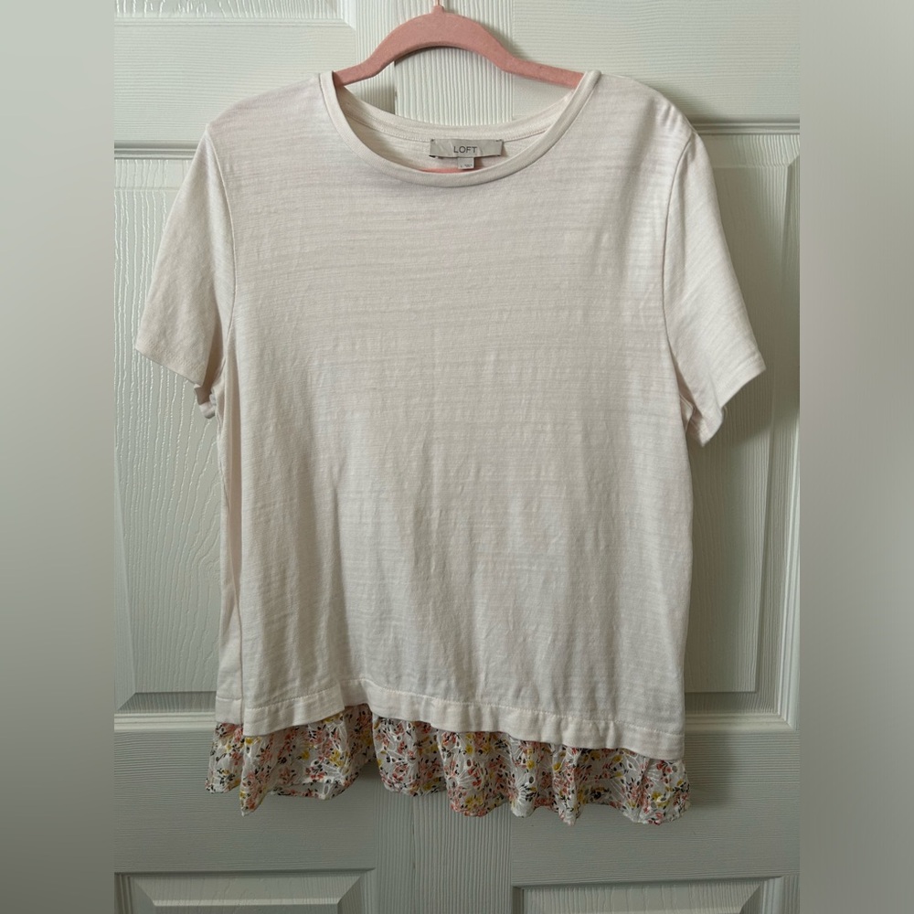 LOFT Short Sleeve Cream Tee with Floral Detail